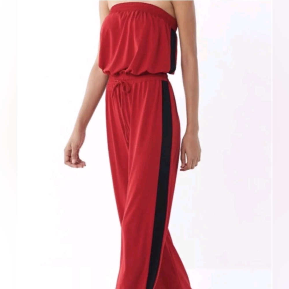 Urban Outfitters red strapless long romper jumpsuit black stripes size m…